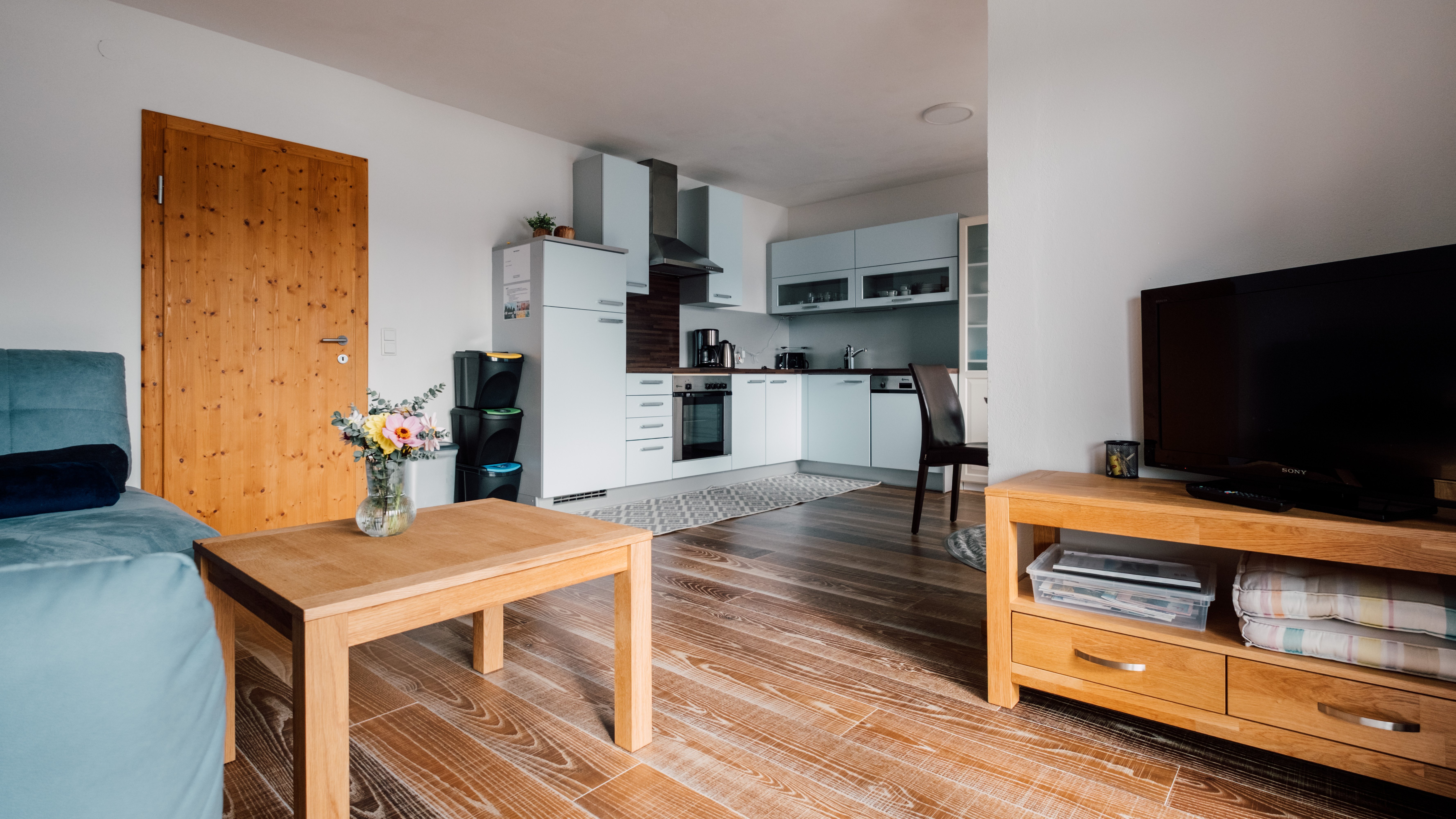 Modernes Apartment mit gemütlichem Flair Helles Wohnzimmer und Küchenbereich mit modernen Möbeln und Holzfußboden in einem Apartment