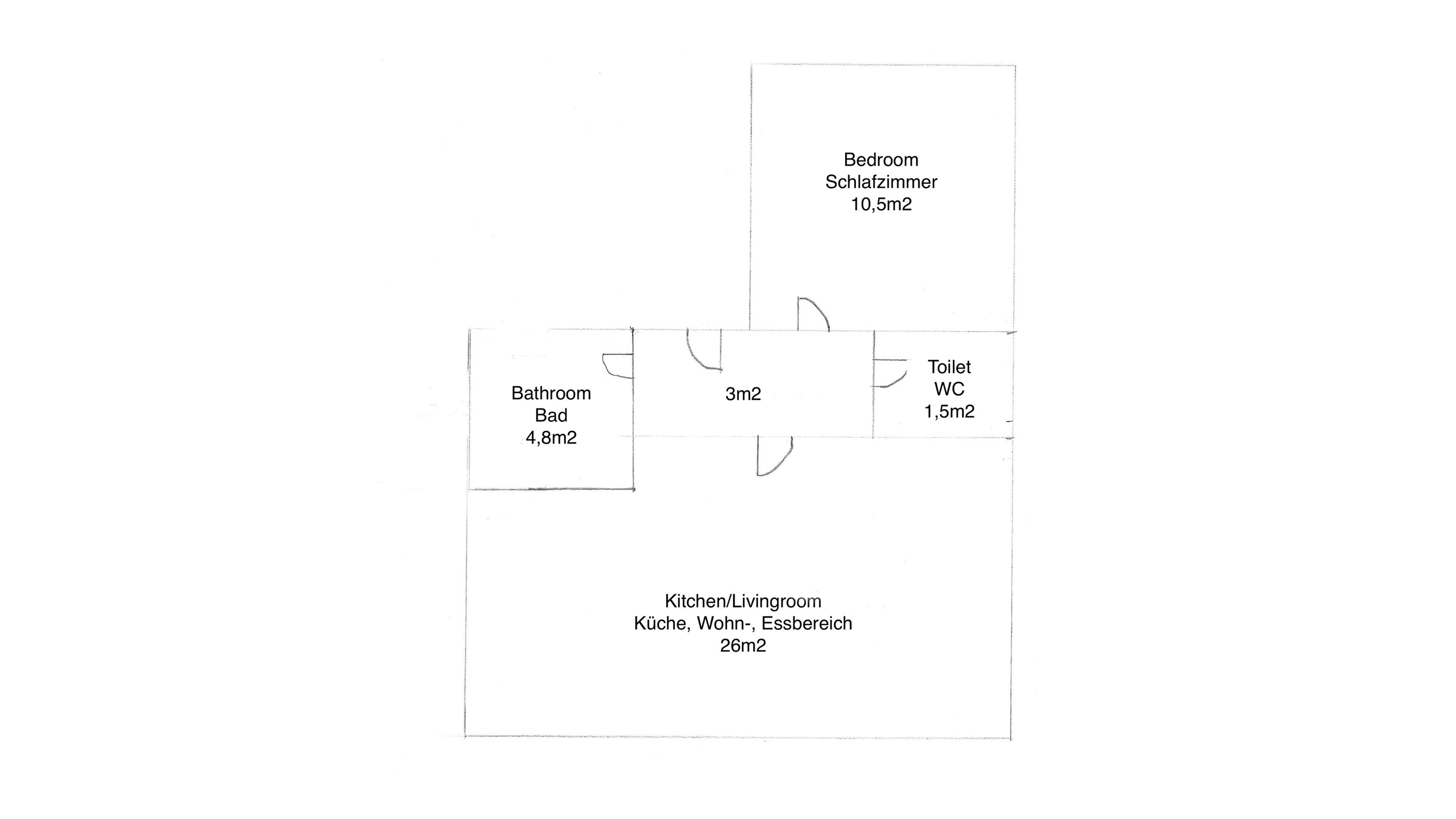 Grundriss einer Ferienwohnung mit den Dimensionen der einzelnen Räume abgebildet