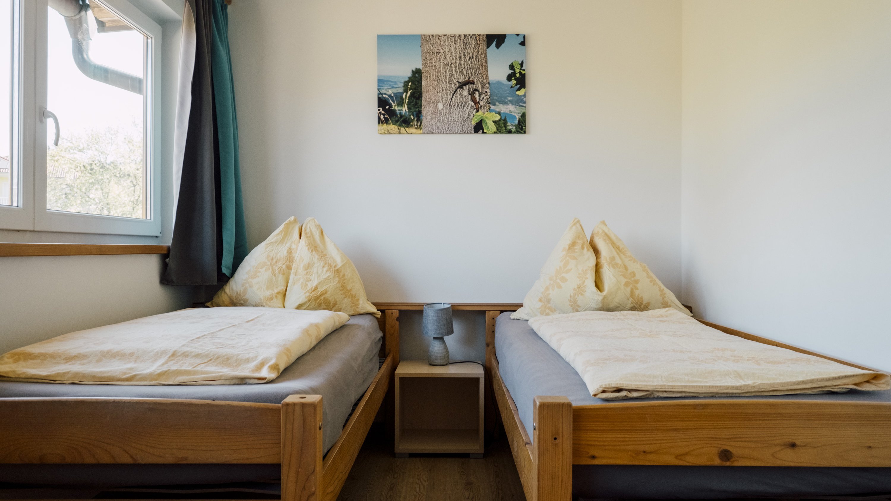 Schlafzimmer mit zwei Einzelbetten und Dekokissen, Nachttisch zwischen den Betten
