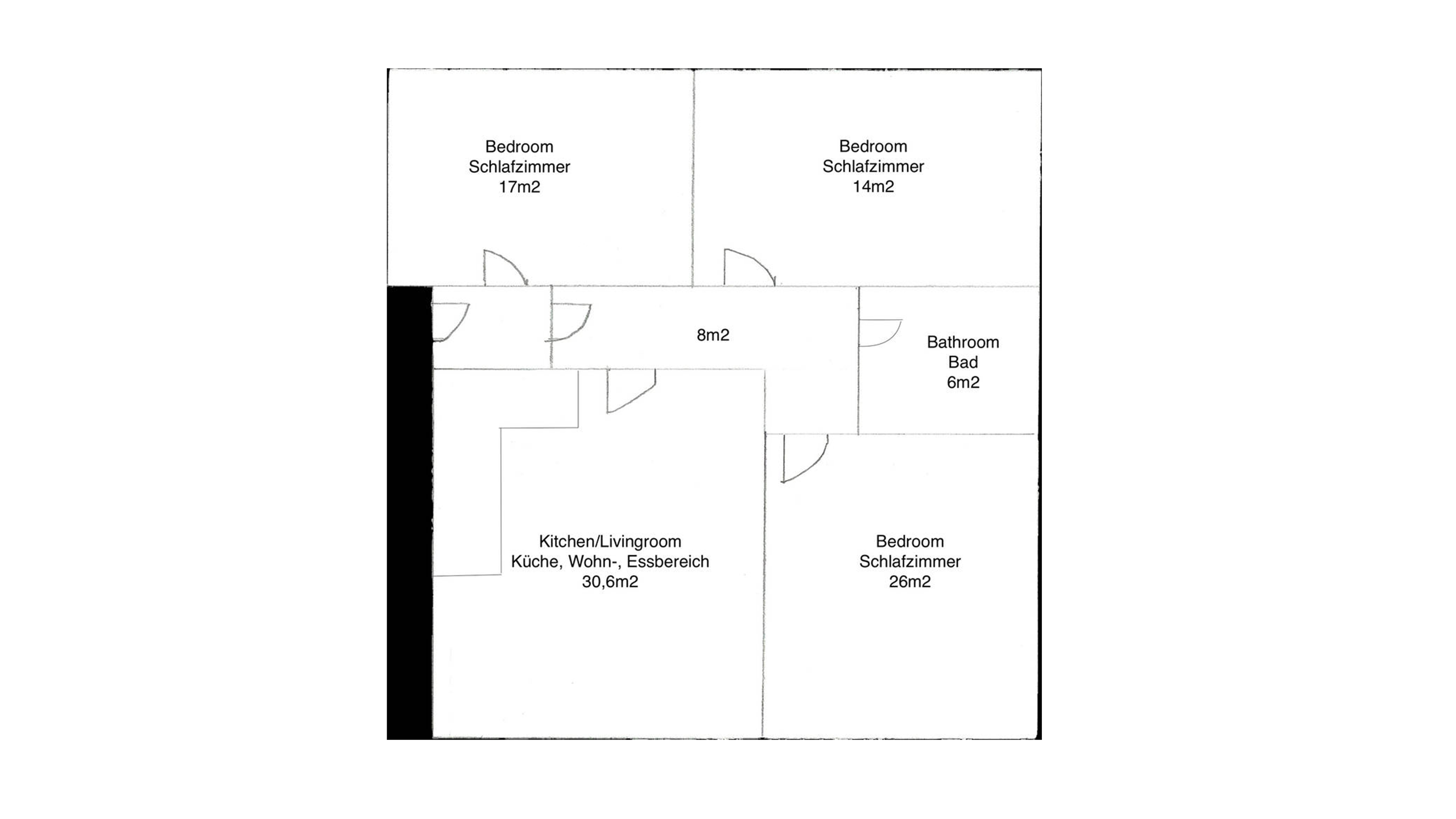 Grundriss einer Wohnung mit Raumaufteilung und Maßangaben der einzelnen Zimmer in einem klaren Layout